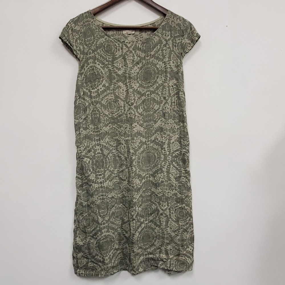 Lina Tomei Womens Cap Sleeve Linen Midi Dress‎ Size L Geometric Ribbed Panel